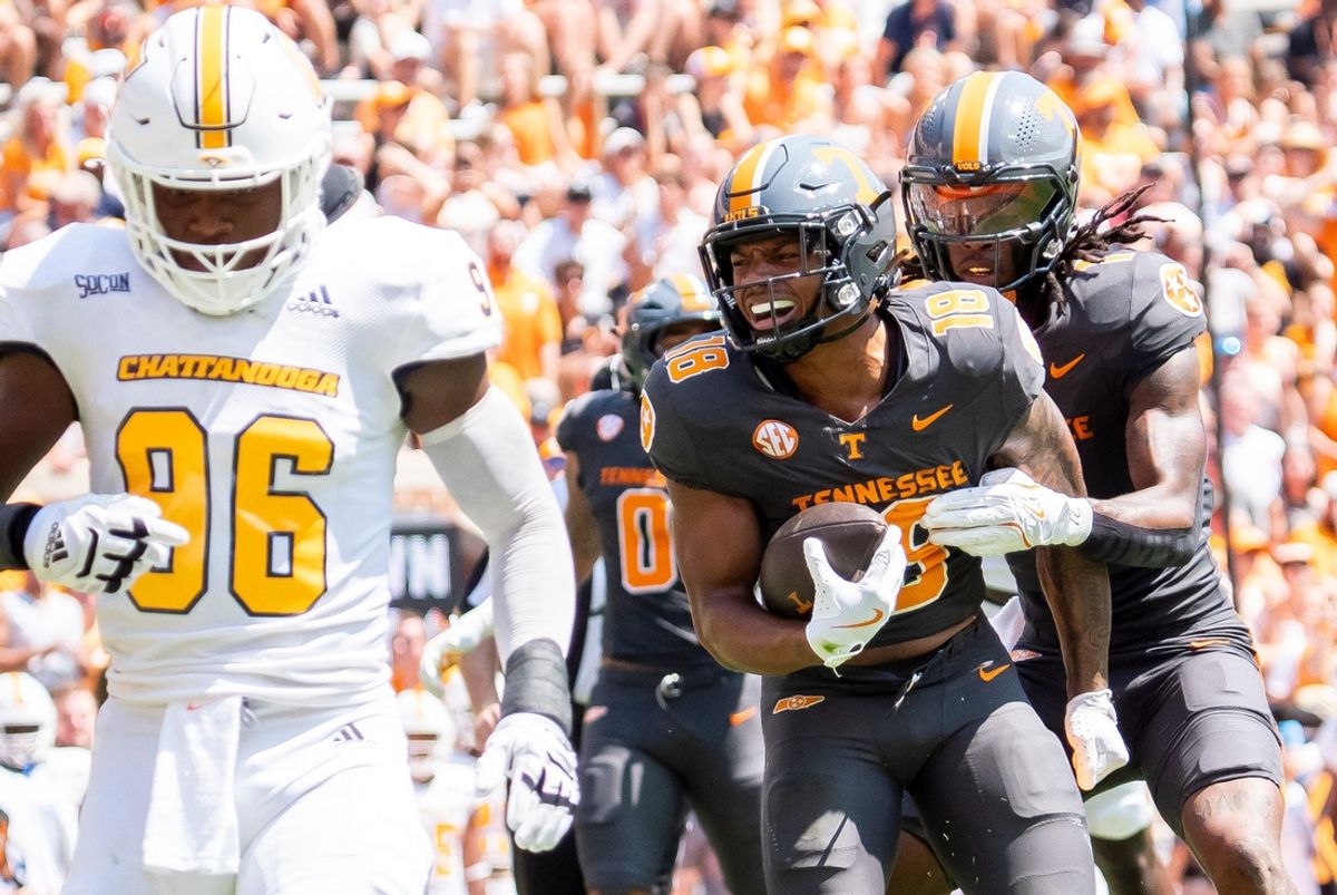 Tennessee running back DeSean Bishop (18) celebrates after a big run during Tennessee's game against Chattanooga in Neyland Stadium in Knoxville on Saturday, Aug. 31, 2024.