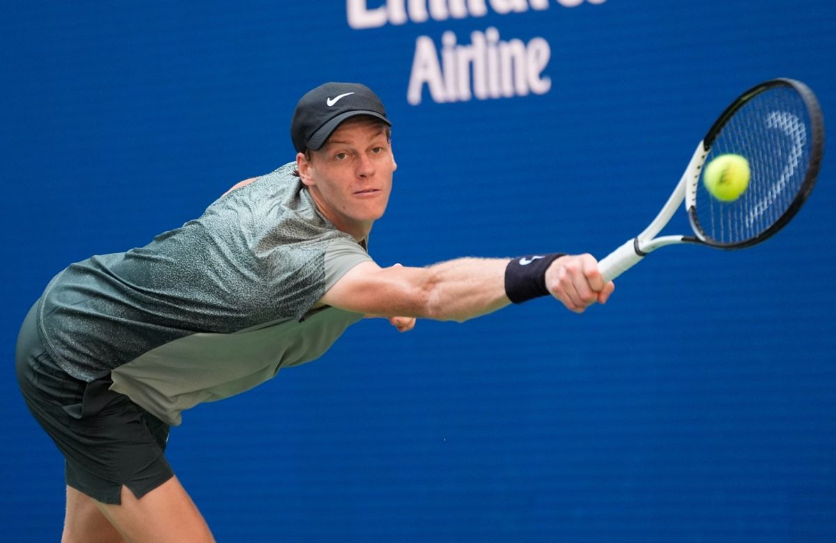 Aug 31, 2024; Flushing, NY, USA;  Jannik Sinner (ITA) hits to Christopher O'Connell (AUS) on day six of the 2024 U.S. Open tennis tournament at USTA Billie Jean King National Tennis Center. Mandatory Credit: Robert Deutsch-USA TODAY Sports