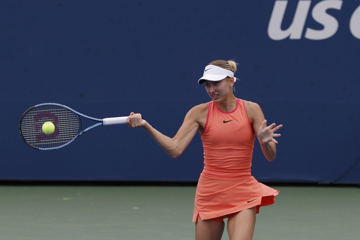 Aug 31, 2024; Flushing, NY, USA; Anastasia Potapova hits a forehand against Karolina Muchova (CZE) (not pictured) in a women's singles match on day six of the 2024 U.S. Open tennis tournament at USTA Billie Jean King National Tennis Center. Mandatory Credit: Geoff Burke-Imagn Images