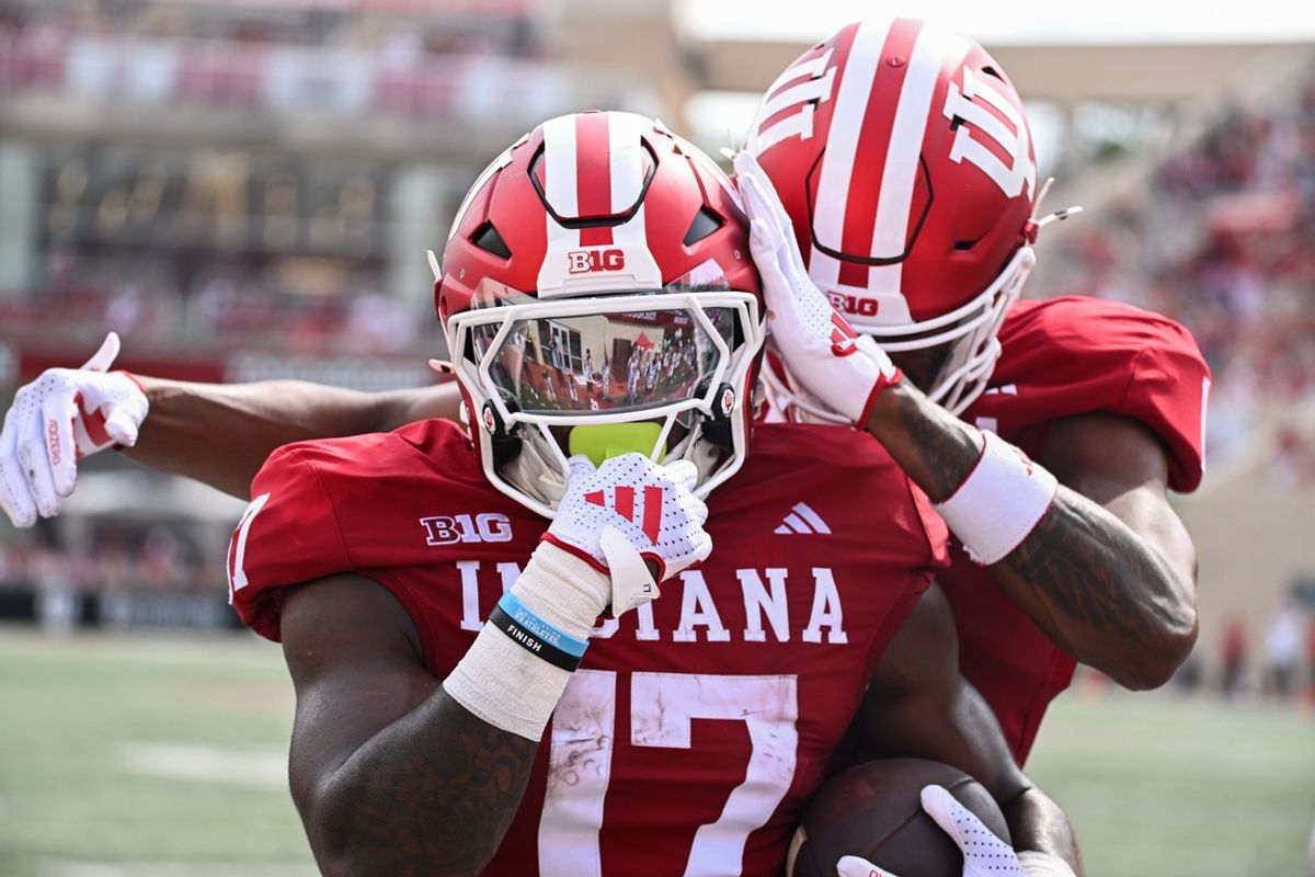 Aug 31, 2024; Bloomington, Indiana, USA;  Indiana Hoosiers running back Ty Son Lawton (17) celebrates after running for a touchdown against the Florida International Panthers during the first half at Memorial Stadium. Mandatory Credit: Robert Goddin-USA TODAY Sports