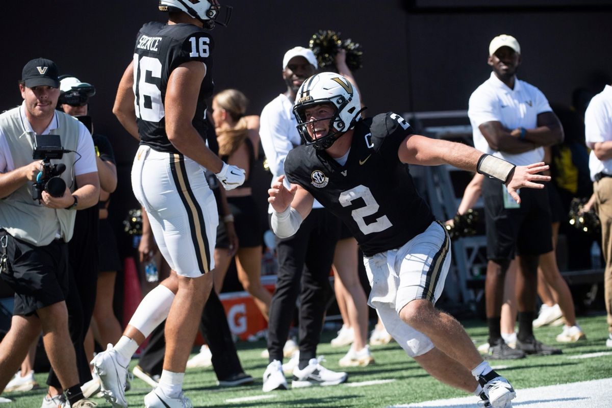 Vanderbilt’s Diego Pavia celebrates after a touchdown during Saturday’s game between Vanderbilt and Virginia Tech at FirstBank Stadium in Nashville , Tenn., Saturday, Aug. 31, 2024.