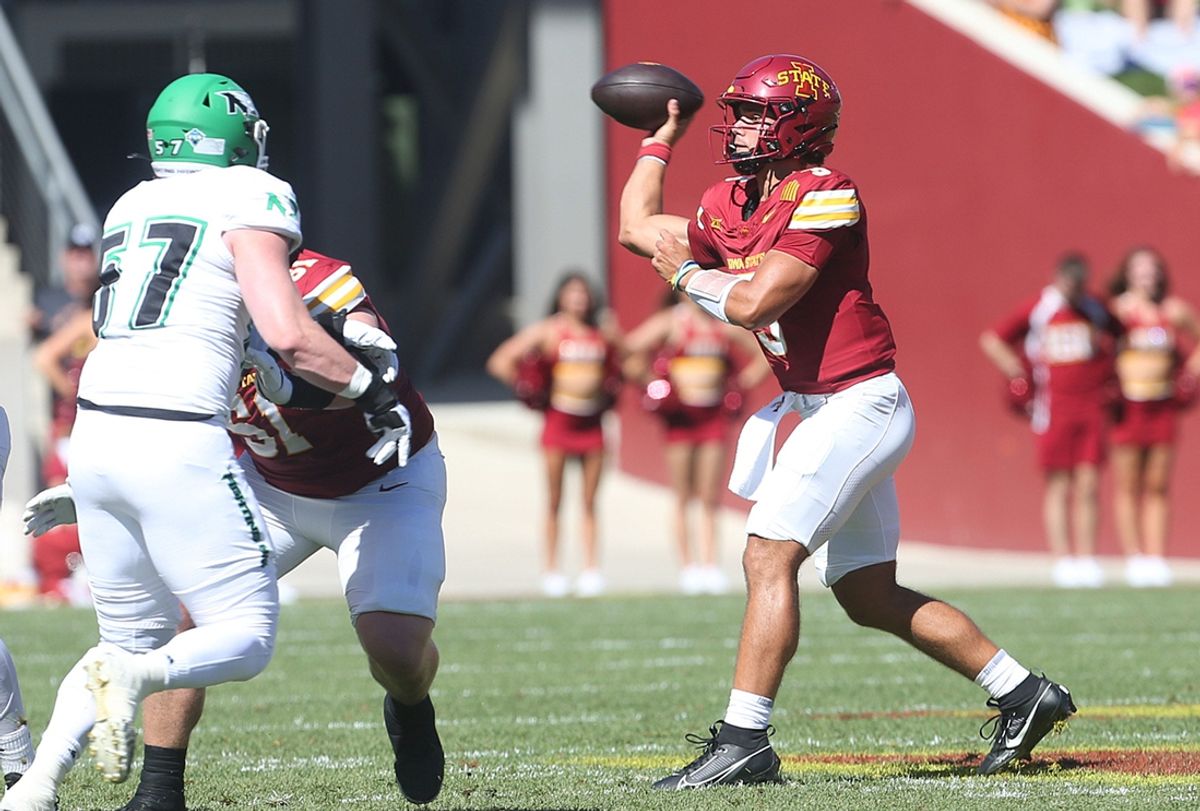 Iowa State Cyclones quarterback Rocco Becht (3) passes the ball against North Dakota during the first quarter in the season opening game at Jack Trice Stadium on Aug. 31, 2024,  in Ames, Iowa