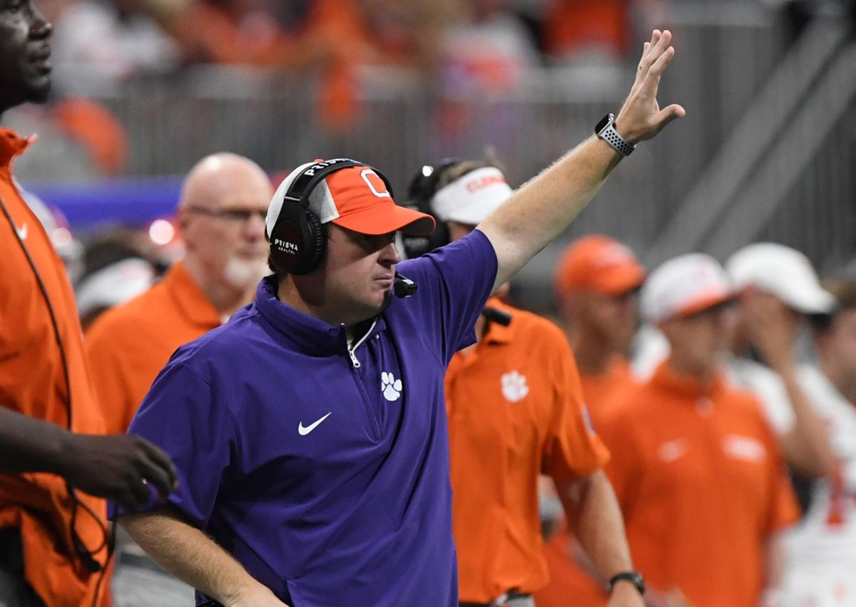Aug 31, 2024; Atlanta, Georgia, USA; Clemson Tigers defensive coordinator Wes Goodwin signals during the fourth quarter of the 2024 Aflac Kickoff Game against the Georgia Bulldogs at Mercedes-Benz Stadium. Mandatory Credit: Ken Ruinard-Imagn Images