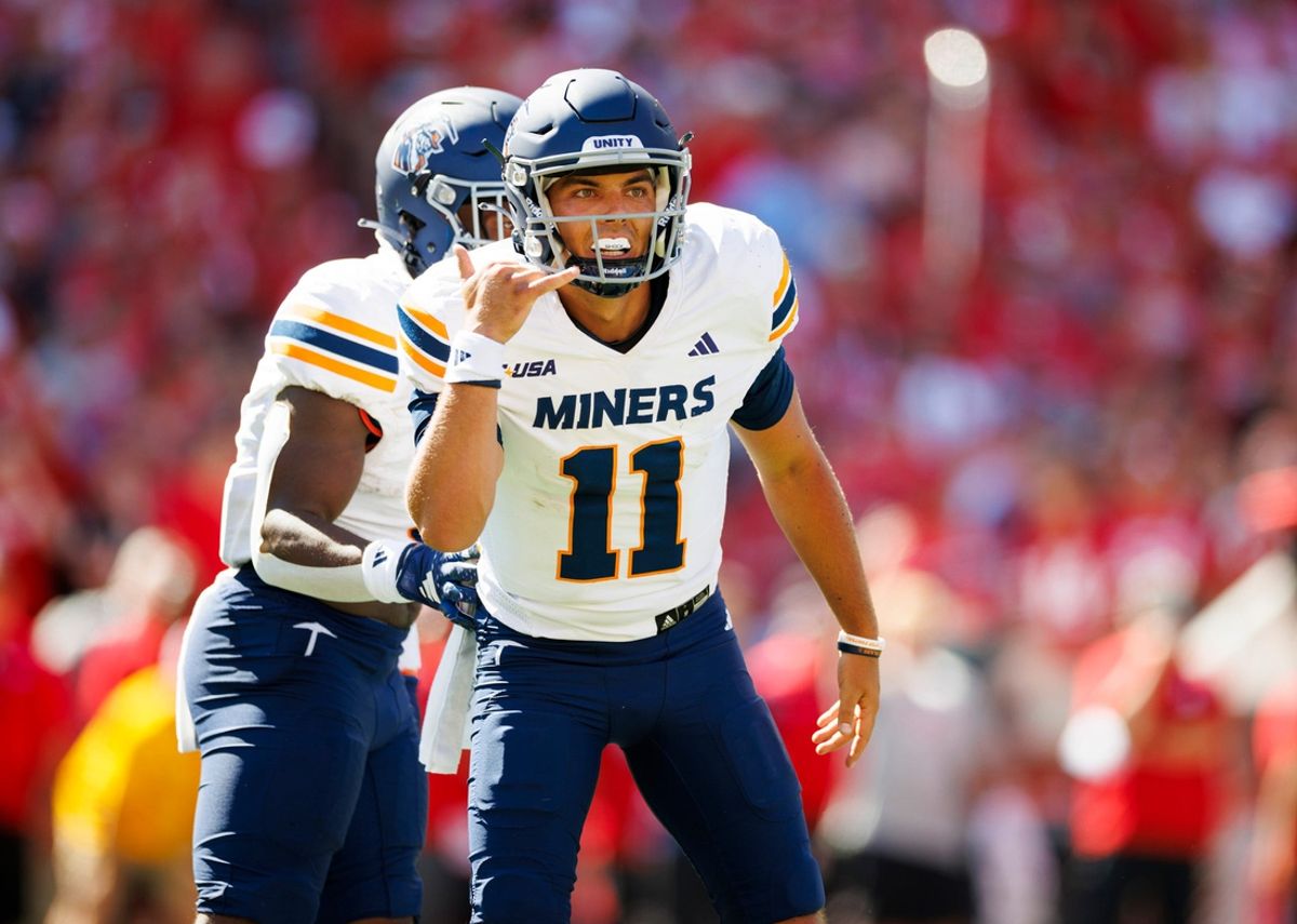 UTEP Miners quarterback Cade McConnell (11) looks over towards the sideline before facing the Nebraska Cornhuskers defense during the first half at Memorial Stadium in Lincoln, Nebraska, Saturday, August 31, 2024.