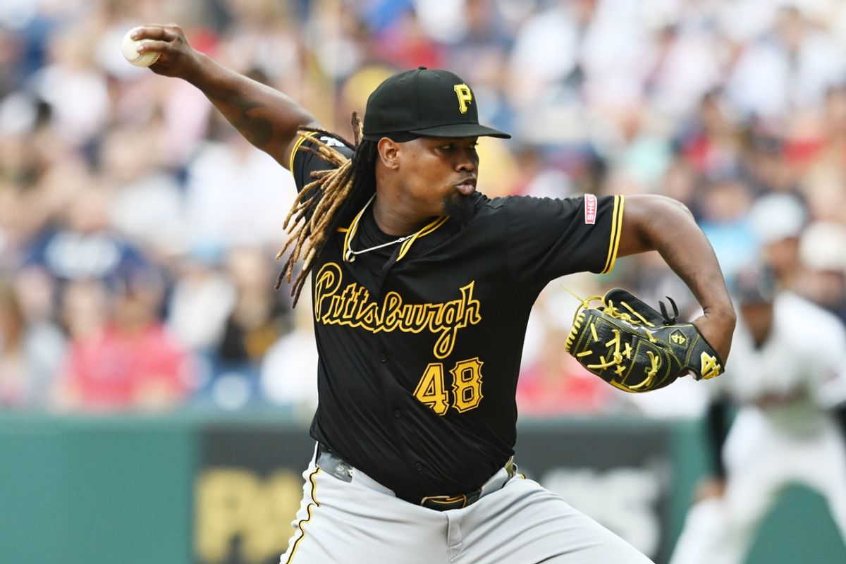 Aug 31, 2024; Cleveland, Ohio, USA; Pittsburgh Pirates relief pitcher Luis Ortiz (48) throws a pitch during the first inning against the Cleveland Guardians at Progressive Field. Mandatory Credit: Ken Blaze-USA TODAY Sports