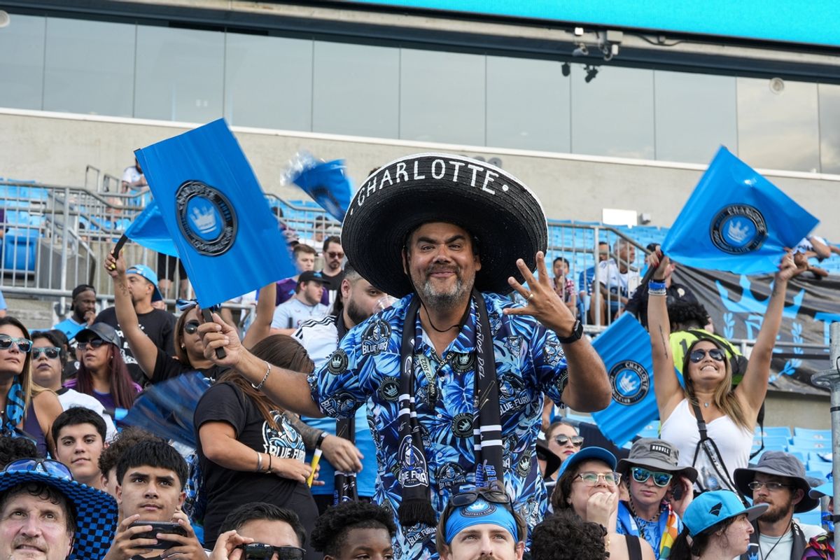 Aug 31, 2024; Charlotte, North Carolina, USA;  Charlotte FC fans during pre match activities against Atlanta United at Bank of America Stadium. Mandatory Credit: Jim Dedmon-Imagn Images