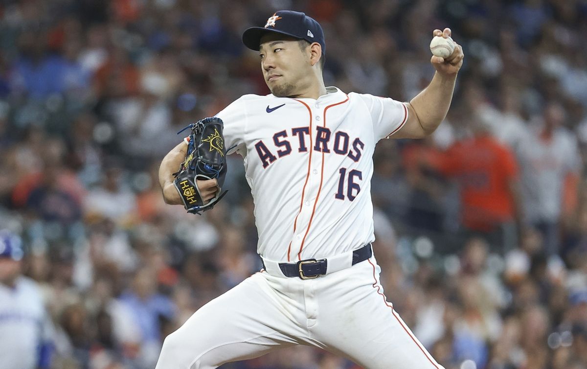 Aug 31, 2024; Houston, Texas, USA; Houston Astros starting pitcher Yusei Kikuchi (16) delivers a pitch during the first inning against the Kansas City Royals at Minute Maid Park. Mandatory Credit: Troy Taormina-Imagn Images