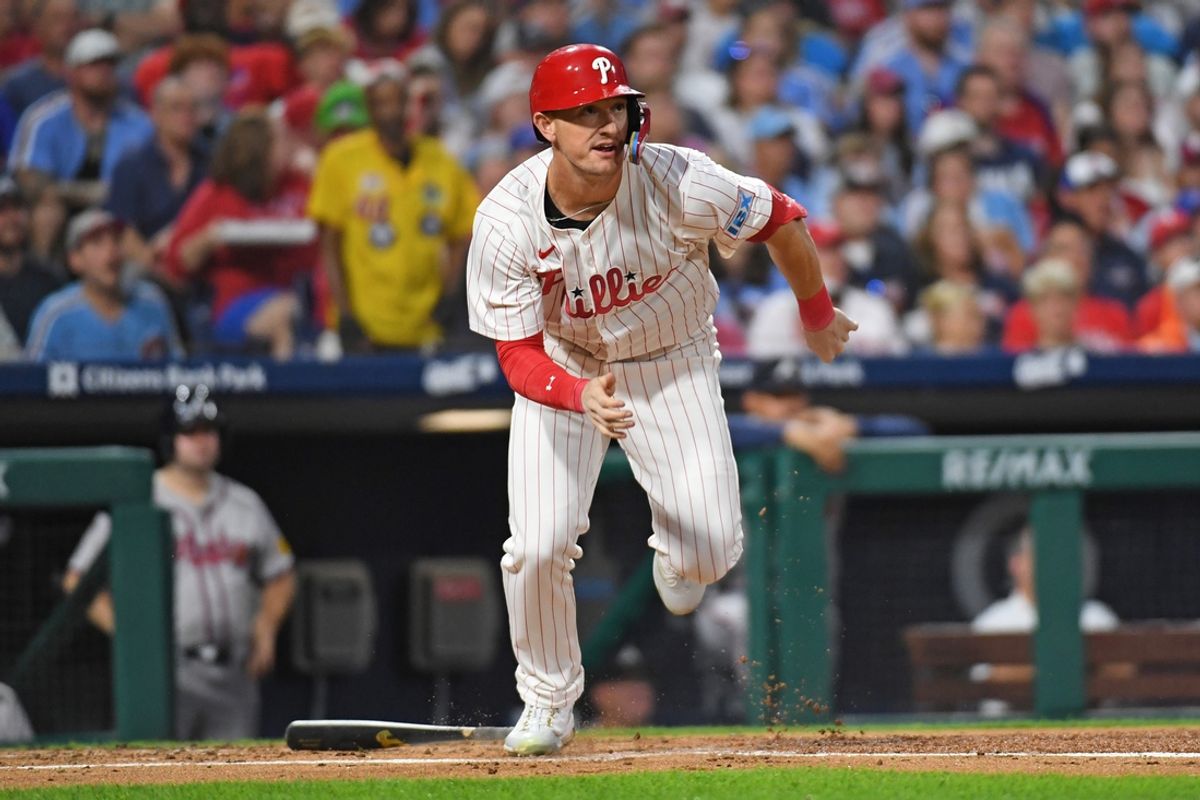Aug 31, 2024; Philadelphia, Pennsylvania, USA; Philadelphia Phillies outfielder Austin Hays (9) hits a double during the second inning against the Atlanta Braves at Citizens Bank Park. Mandatory Credit: Eric Hartline-Imagn Images