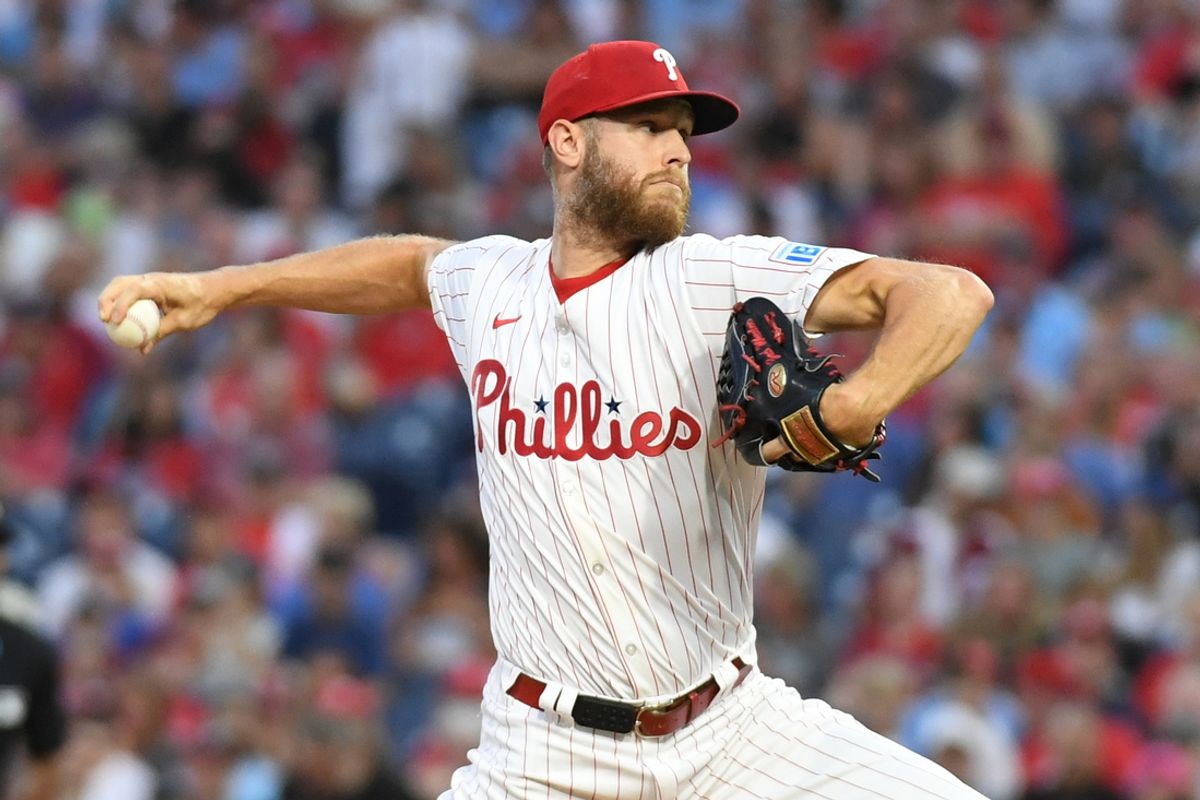 Aug 31, 2024; Philadelphia, Pennsylvania, USA;Philadelphia Phillies pitcher Zack Wheeler (45) throws a pitch during the first inning against the Atlanta Braves at Citizens Bank Park. Mandatory Credit: Eric Hartline-Imagn Images