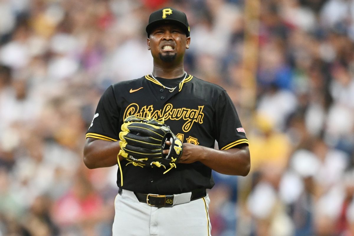 Aug 31, 2024; Cleveland, Ohio, USA; Pittsburgh Pirates relief pitcher Luis Ortiz (48) winces after an apparent injury during the sixth inning against the Cleveland Guardians at Progressive Field. Mandatory Credit: Ken Blaze-Imagn Images