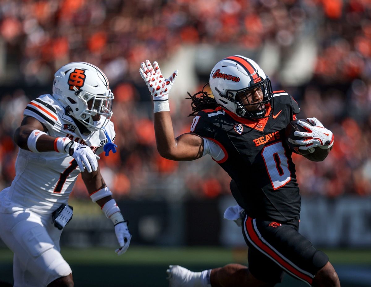 Oregon State Beavers running back Anthony Hankerson (0) runs the ball to score a touchdown in the first half of the game against Idaho State on Saturday, Aug. 31, 2024 at Reser Stadium in Corvallis, Ore.