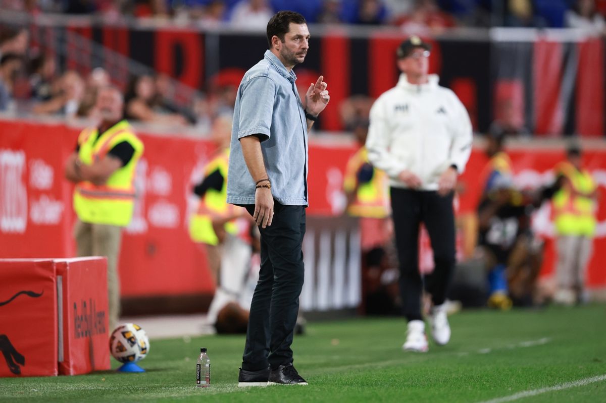 Aug 31, 2024; Harrison, New Jersey, USA; New York Red Bulls head coach Sandro Schwarz looks on during the first half against the Philadelphia Union at Red Bull Arena. Mandatory Credit: Vincent Carchietta-Imagn Images