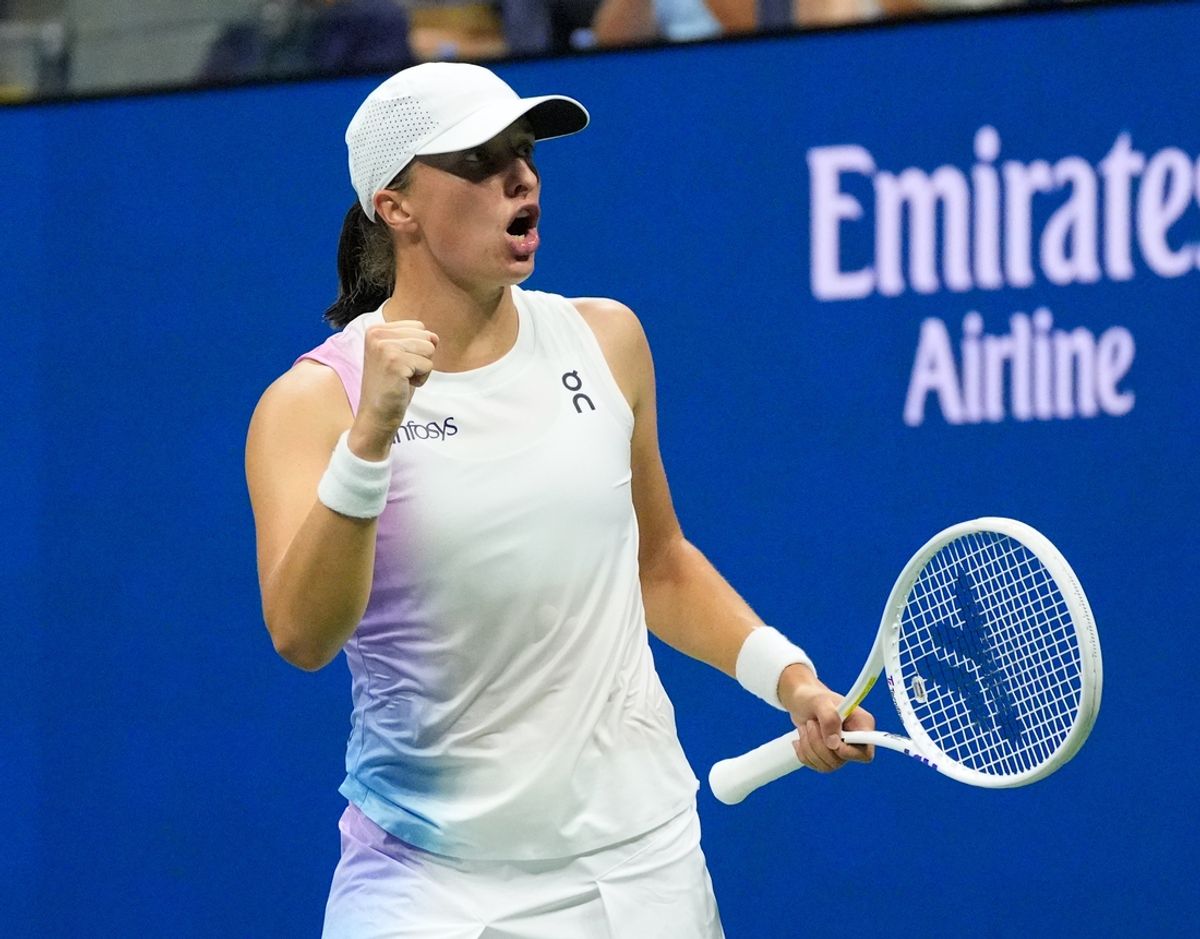 Aug 31, 2024; Flushing, NY, USA;  Iga Swiatek (POL) reacts after beating Anastasia Pavlyuchenkova on day six of the 2024 U.S. Open tennis tournament at USTA Billie Jean King National Tennis Center. Mandatory Credit: Robert Deutsch-USA TODAY Sports