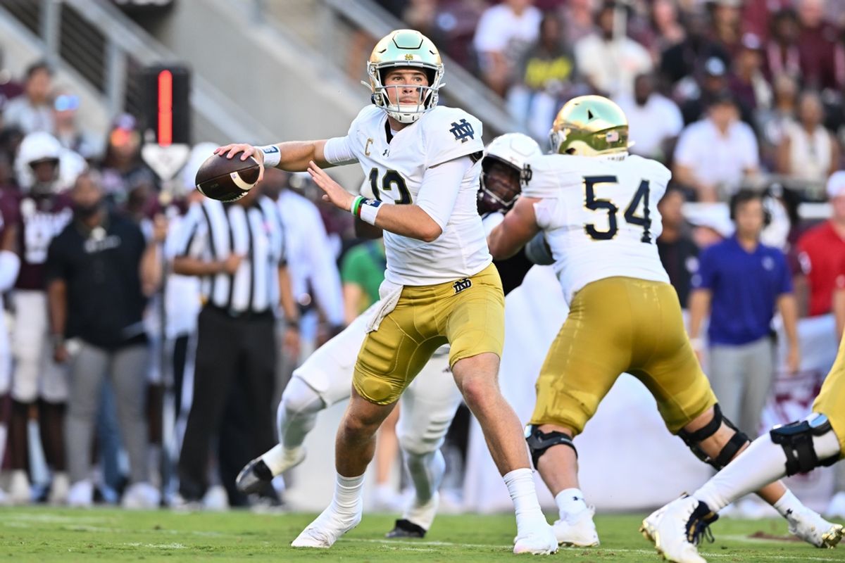 Aug 31, 2024; College Station, Texas, USA; Notre Dame Fighting Irish quarterback Riley Leonard (13) attempts to pass the ball during the first quarter against the Texas A&M Aggies at Kyle Field. Mandatory Credit: Maria Lysaker-Imagn Images