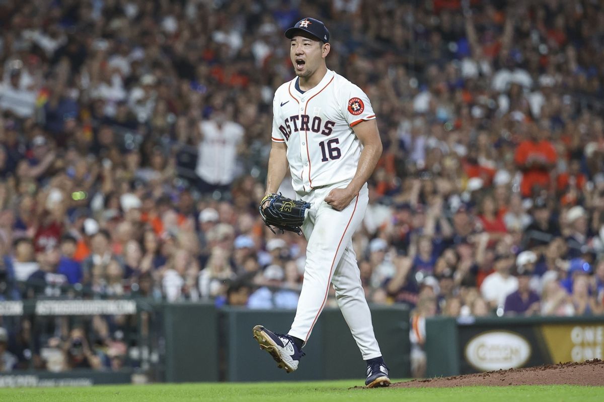 Aug 31, 2024; Houston, Texas, USA; Houston Astros starting pitcher Yusei Kikuchi (16) reacts after a play during the sixth inning against the Kansas City Royals at Minute Maid Park. Mandatory Credit: Troy Taormina-Imagn Images
