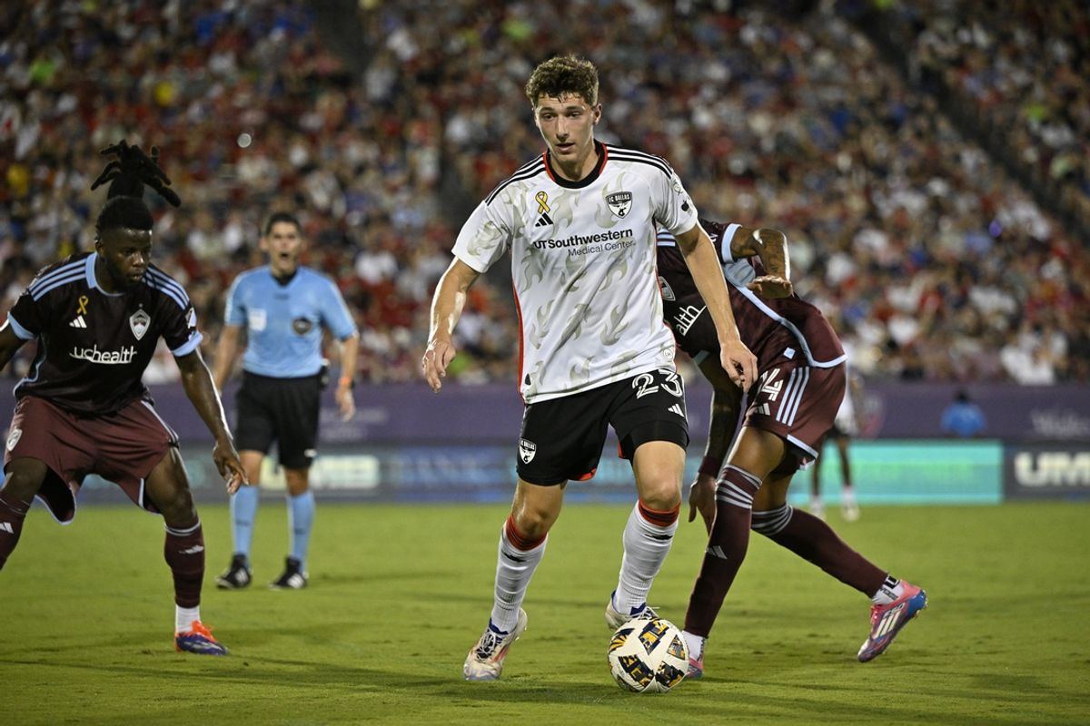 Aug 31, 2024; Frisco, Texas, USA; FC Dallas forward Logan Farrington (23) plays the ball in the first half against the Colorado Rapids at Toyota Stadium. Mandatory Credit: Jerome Miron-USA TODAY Sports