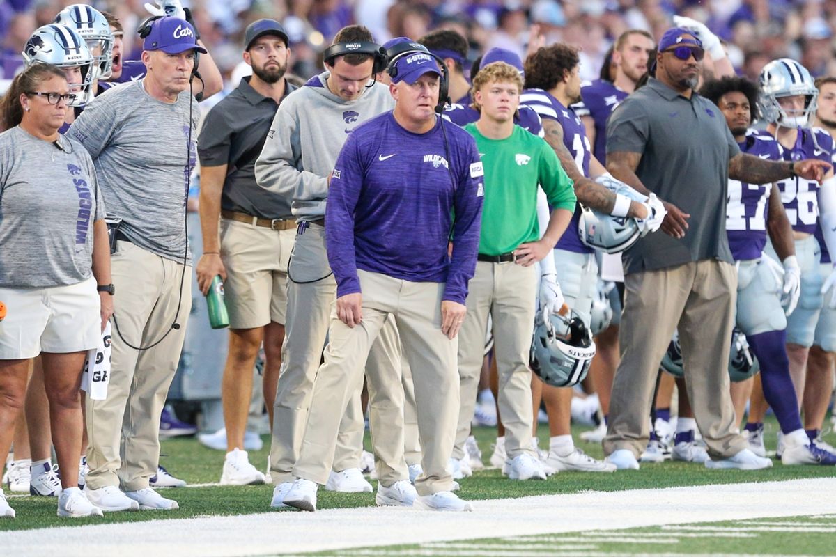 Aug 31, 2024; Manhattan, Kansas, USA; Kansas State Wildcats head coach Chris Klieman watches the game during the third quarter against the Tennessee-Martin Skyhawks at Bill Snyder Family Football Stadium. Mandatory Credit: Scott Sewell-Imagn Images