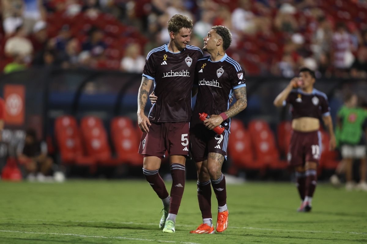 Aug 31, 2024; Frisco, Texas, USA; Colorado Rapids defender Andreas Maxso (5) and forward Rafael Navarro (9) celebrates after the match against the FC Dallas at Toyota Stadium. Mandatory Credit: Tim Heitman-Imagn Images