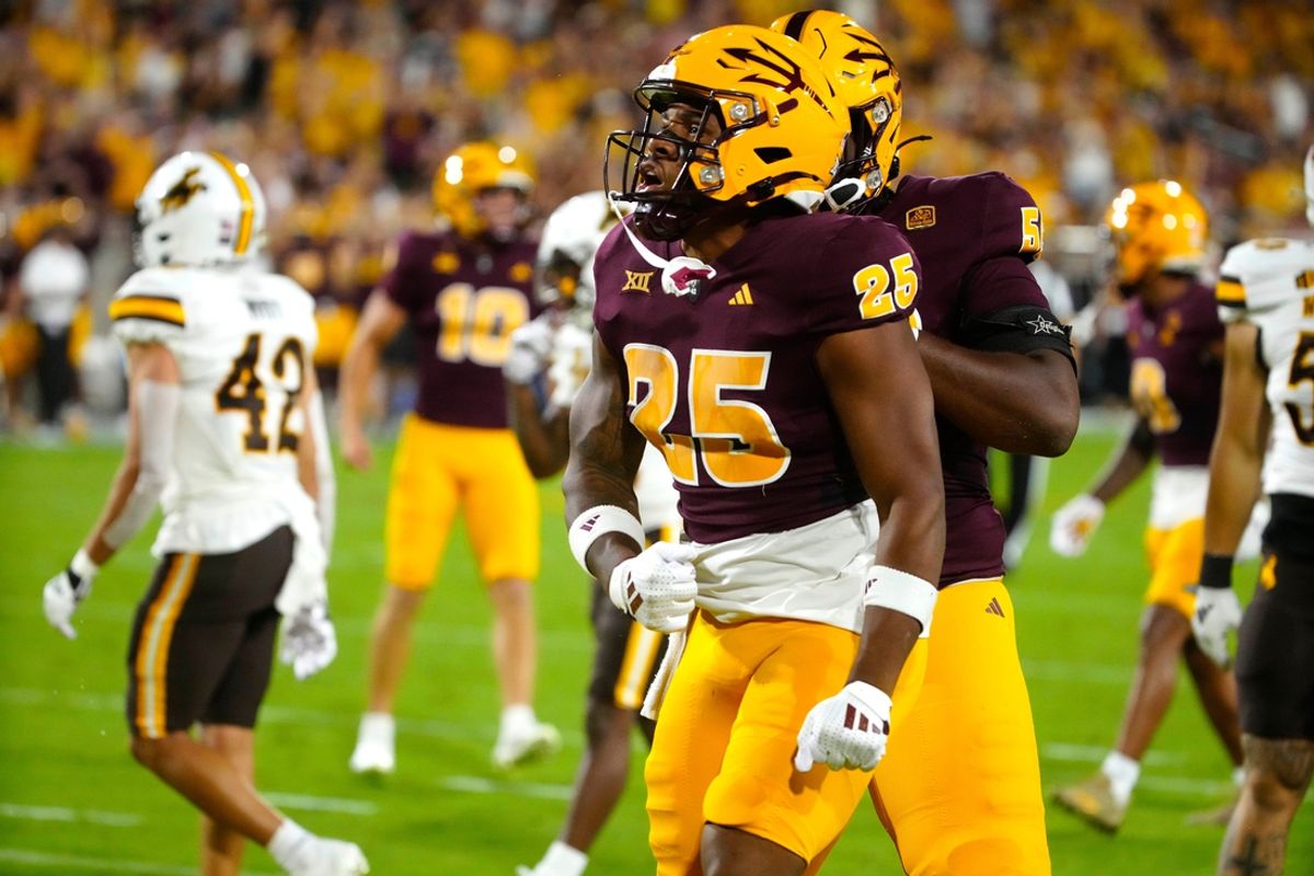ASU running back DeCarlos Brooks (25) celebrates a touchdown against Wyoming in the first quarter during a game at Sun Devil Stadium on Aug. 31, 2024, in Tempe.