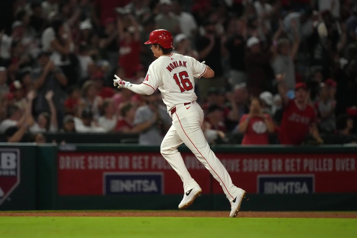 Aug 31, 2024; Anaheim, California, USA; Los Angeles Angels center fielder Mickey Moniak (16) runs the bases after hitting a two-run home run in the seventh inning against the Seattle Mariners at Angel Stadium. Mandatory Credit: Kirby Lee-USA TODAY Sports
