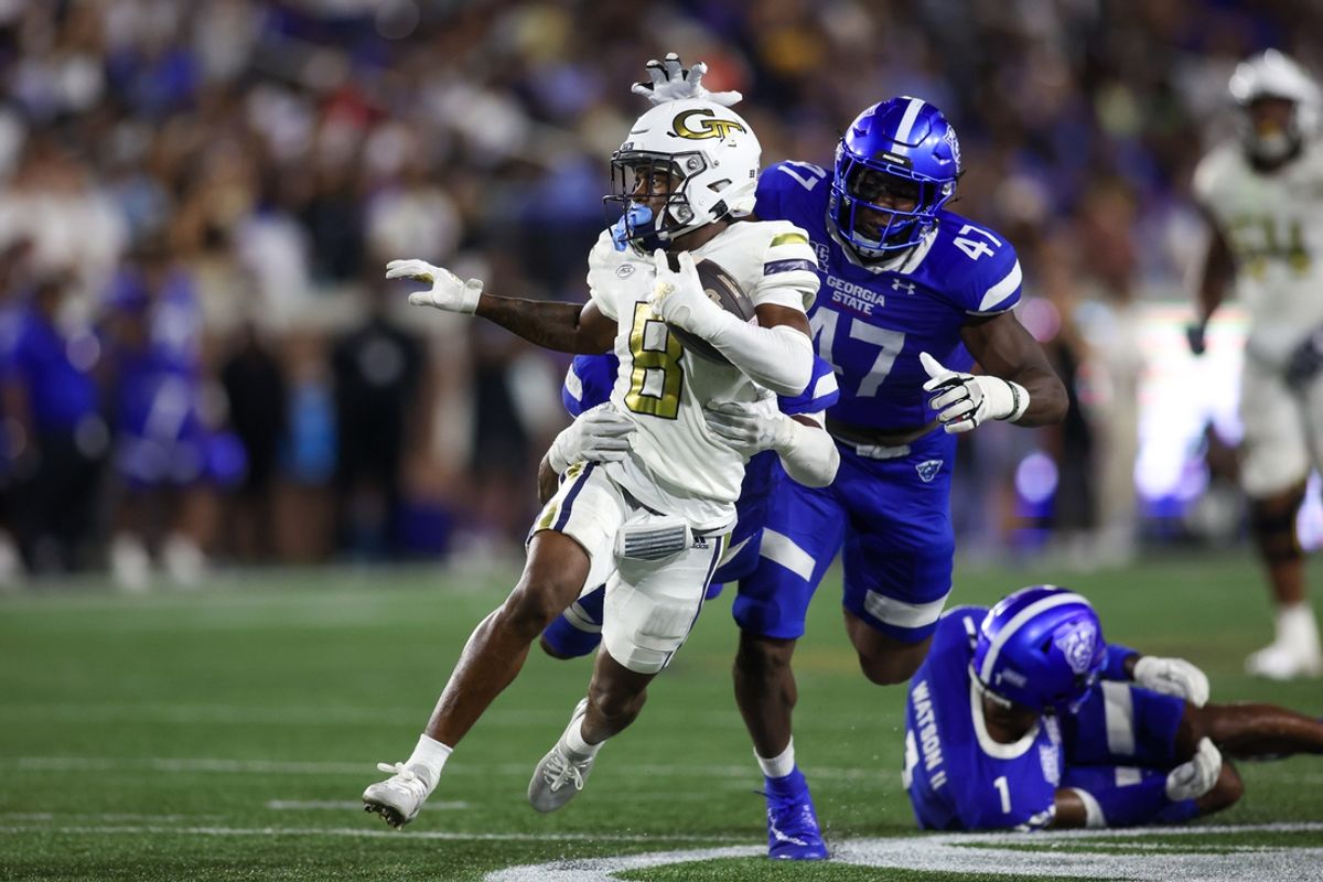 Aug 31, 2024; Atlanta, Georgia, USA; Georgia Tech Yellow Jackets wide receiver Malik Rutherford (8) runs after a catch against Georgia State Panthers in the third quarter at Bobby Dodd Stadium at Hyundai Field. Mandatory Credit: Brett Davis-Imagn Images