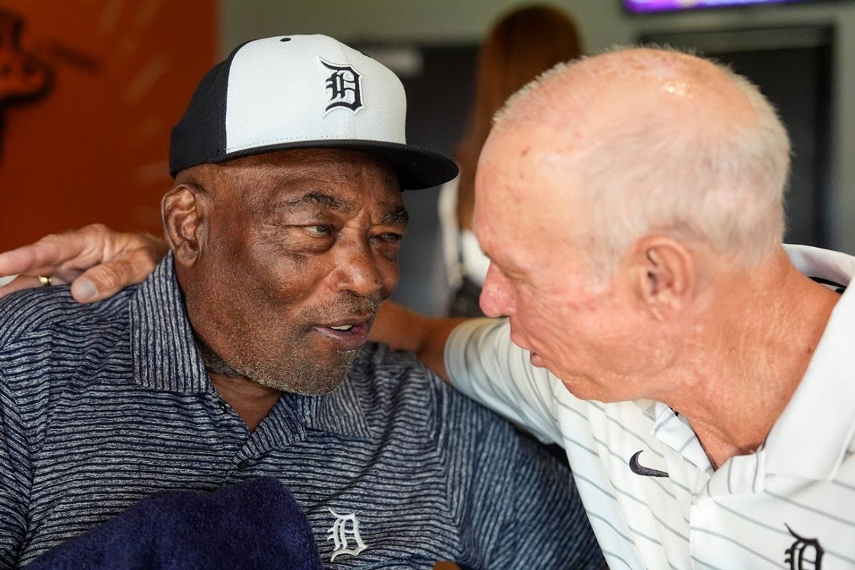 Chet Lemon, left, hugs to his former teammate Alan Trammell in a suite at Comerica Park in Detroit before a Tigers game on Friday, August 30, 2024.