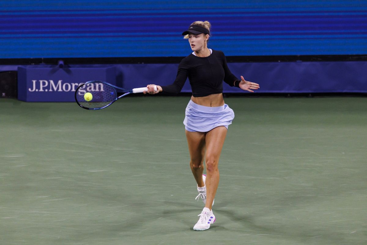 Aug 29, 2024; Flushing, NY, USA; Anna Kalinskaya of Russia discusses a possible doubles bounce with the umpire during her match against Beatriz Haddad Maia on day six of the 2024 U.S. Open tennis tournament at the USTA Billie Jean King National Tennis Center. Mandatory Credit: Mike Frey-Imagn Images