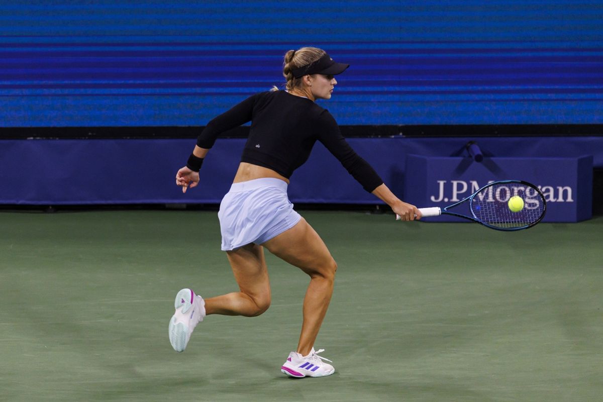 Aug 29, 2024; Flushing, NY, USA; Anna Kalinskaya of Russia discusses a possible doubles bounce with the umpire during her match against Beatriz Haddad Maia on day six of the 2024 U.S. Open tennis tournament at the USTA Billie Jean King National Tennis Center. Mandatory Credit: Mike Frey-Imagn Images