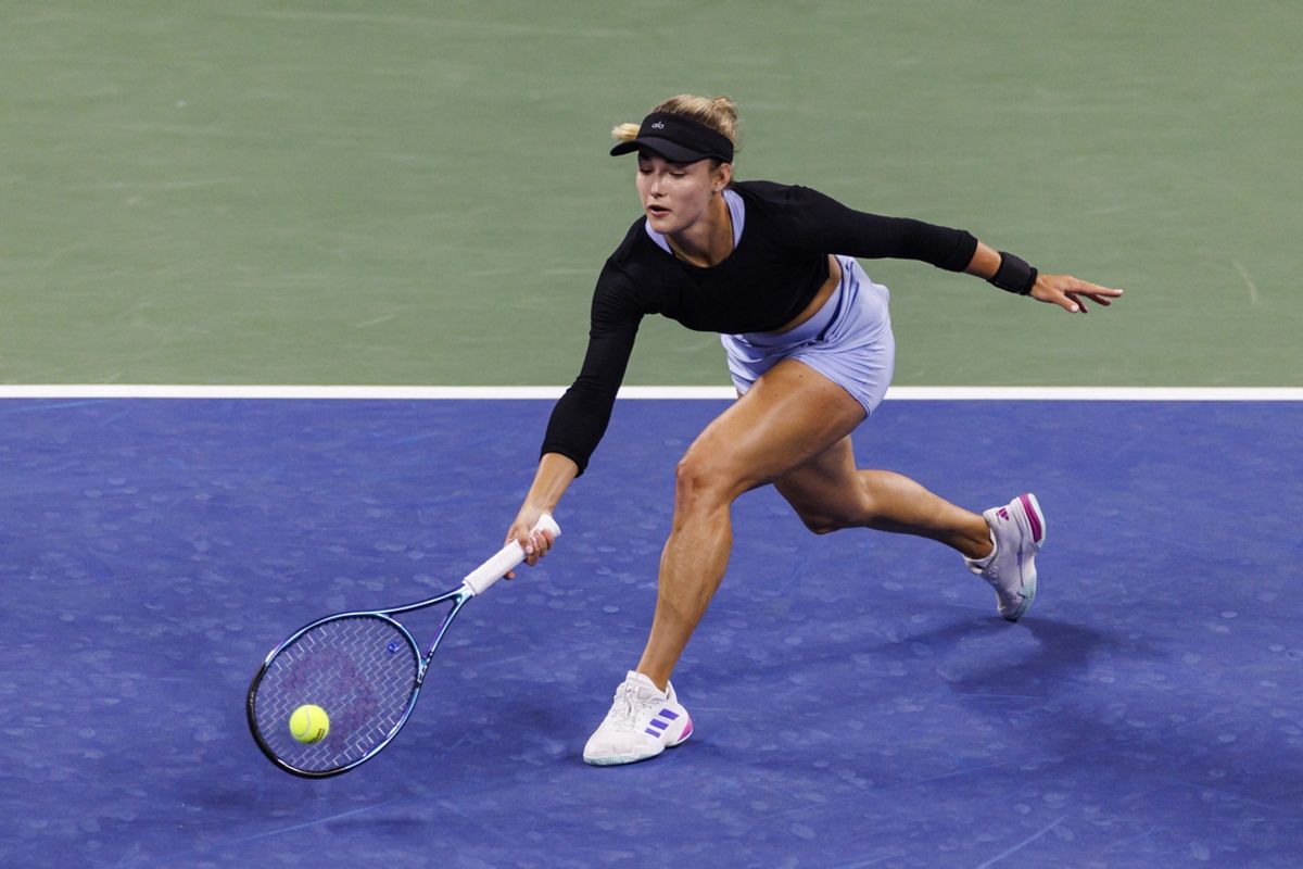 Aug 29, 2024; Flushing, NY, USA; Anna Kalinskaya of Russia discusses a possible doubles bounce with the umpire during her match against Beatriz Haddad Maia on day six of the 2024 U.S. Open tennis tournament at the USTA Billie Jean King National Tennis Center. Mandatory Credit: Mike Frey-Imagn Images