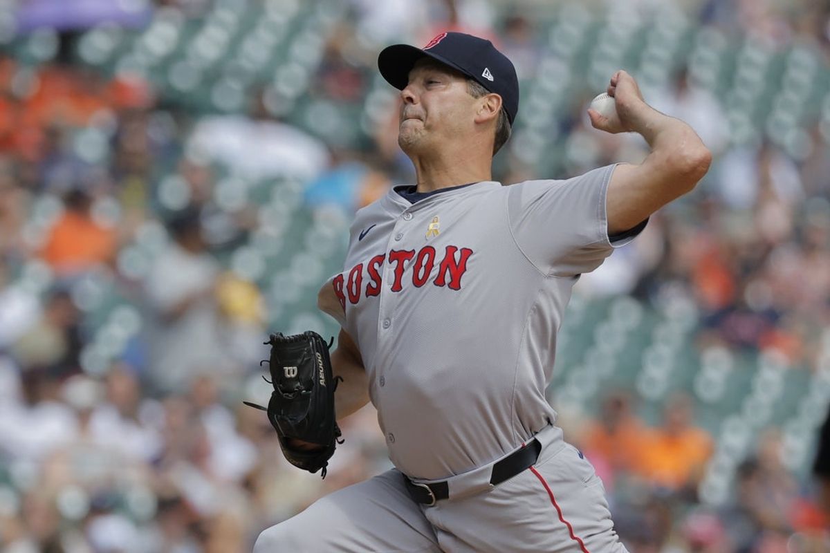 Sep 1, 2024; Detroit, Michigan, USA;  Boston Red Sox pitcher Rich Hill (44) pitches in the fifth inning against the Detroit Tigers at Comerica Park. Mandatory Credit: Rick Osentoski-Imagn Images