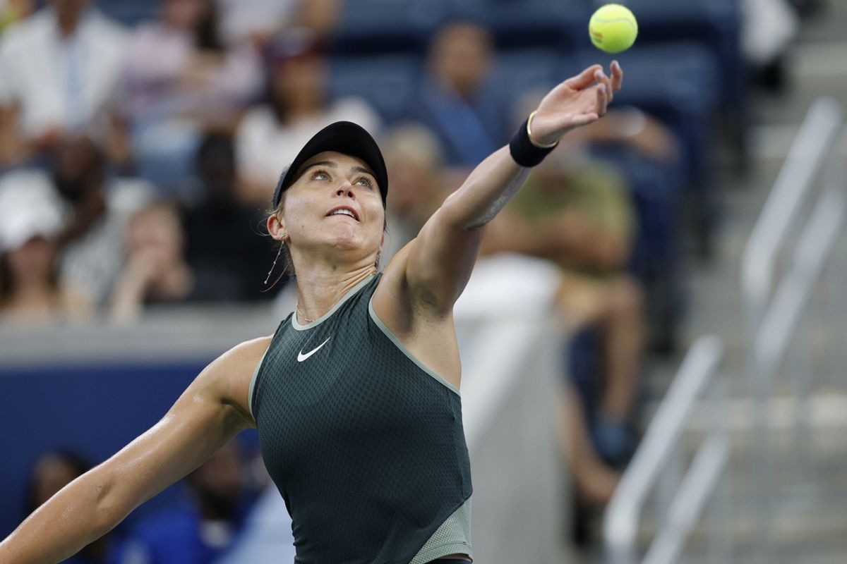 Sep 1, 2024; Flushing, NY, USA; Paula Badosa (ESP) serves against Yafan Wang (CHN)(not pictured) in a women's singles match on day seven of the 2024 U.S. Open tennis tournament at USTA Billie Jean King National Tennis Center. Mandatory Credit: Geoff Burke-Imagn Images