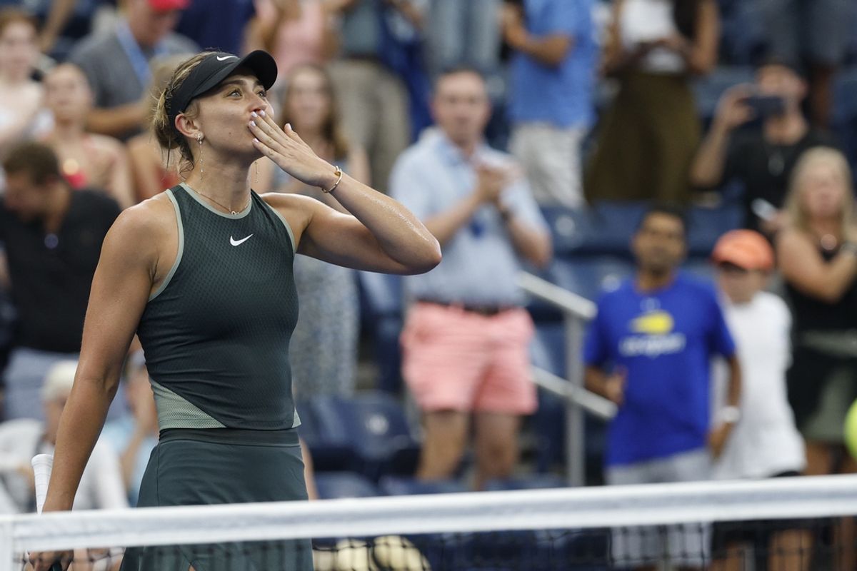 Sep 1, 2024; Flushing, NY, USA; Paula Badosa (ESP) celebrates after her match against Yafan Wang (CHN)(not pictured) in a women's singles match on day seven of the 2024 U.S. Open tennis tournament at USTA Billie Jean King National Tennis Center. Mandatory Credit: Geoff Burke-USA TODAY Sports