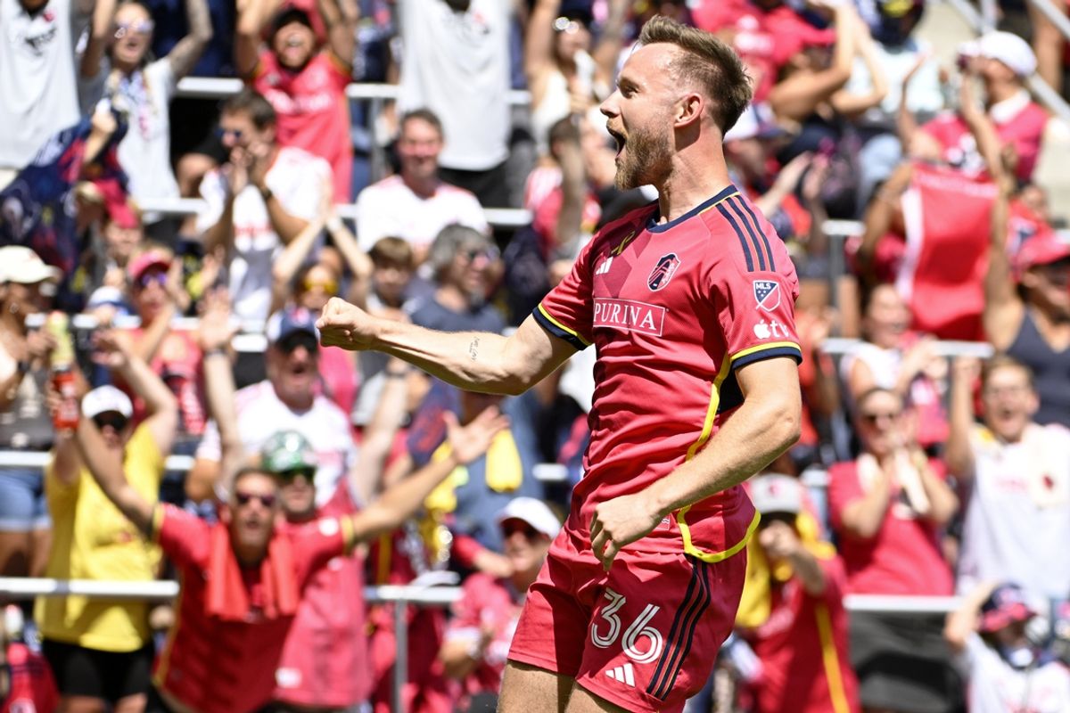 Sep 1, 2024; St. Louis, Missouri, USA; St. Louis CITY SC midfielder Cedric Teuchert (36) celebrates after scoring a goal against the LA Galaxy during the first half at CITYPARK. Mandatory Credit: Joe Puetz-Imagn Images