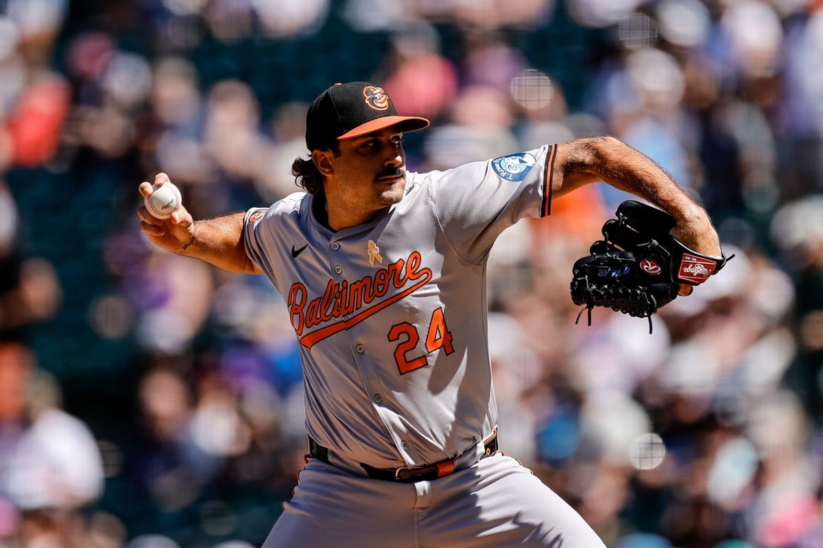 Sep 1, 2024; Denver, Colorado, USA; Baltimore Orioles starting pitcher Zach Eflin (24) pitches in the first inning against the Colorado Rockies at Coors Field. Mandatory Credit: Isaiah J. Downing-USA TODAY Sports
