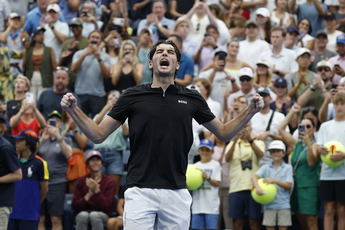 Sep 1, 2024; Flushing, NY, USA; Taylor Fritz (USA) celebrates after his match against Casper Ruud (NOR)(not pictured) in a men's singles match on day seven of the 2024 U.S. Open tennis tournament at USTA Billie Jean King National Tennis Center. Mandatory Credit: Geoff Burke-USA TODAY Sports