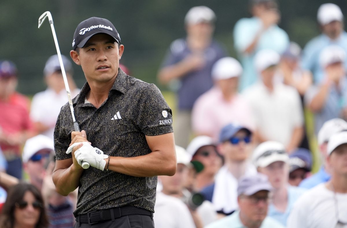 Sep 1, 2024; Atlanta, Georgia, USA; Collin Morikawa plays his shot off the 9th tee during the final round of the TOUR Championship golf tournament. Mandatory Credit: John David Mercer-Imagn Images