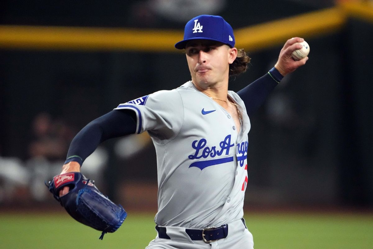 Sep 1, 2024; Phoenix, Arizona, USA; Los Angeles Dodgers pitcher Justin Wrobleski (70) pitches against the Arizona Diamondbacks during the first inning at Chase Field. Mandatory Credit: Joe Camporeale-Imagn Images