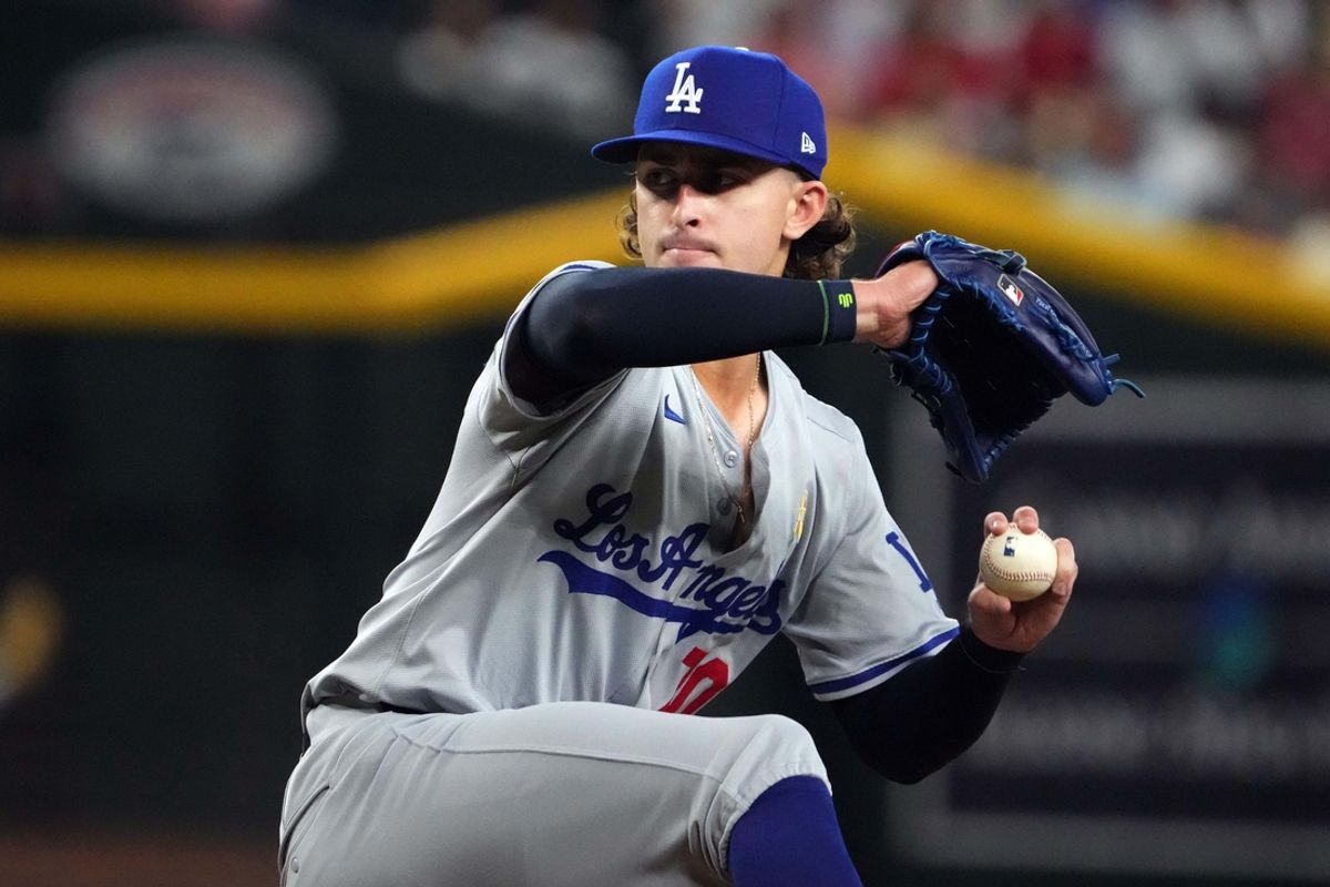 Sep 1, 2024; Phoenix, Arizona, USA; Los Angeles Dodgers pitcher Justin Wrobleski (70) pitches against the Arizona Diamondbacks during the first inning at Chase Field. Mandatory Credit: Joe Camporeale-Imagn Images