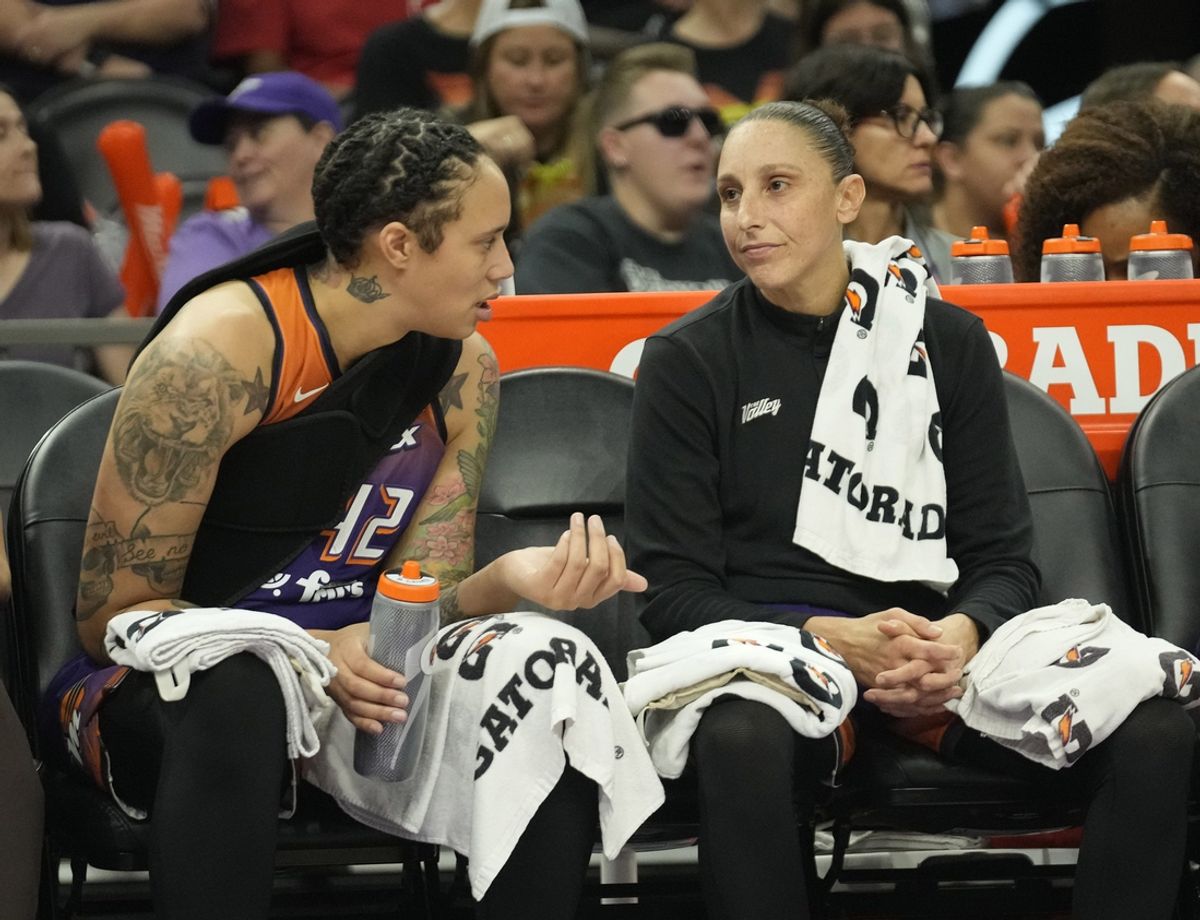 Phoenix Mercury center Brittney Griner (42) and guard Diana Taurasi talk during the second quarter against the Las Vegas Aces at Footprint Center on Sept. 1, 2024, in Phoenix.