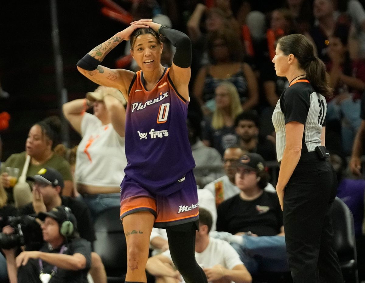 Phoenix Mercury guard Natasha Cloud (0) reacts to a call against the Las Vegas Aces during the third quarter at Footprint Center in Phoenix on Sunday, Sept. 1, 2024.