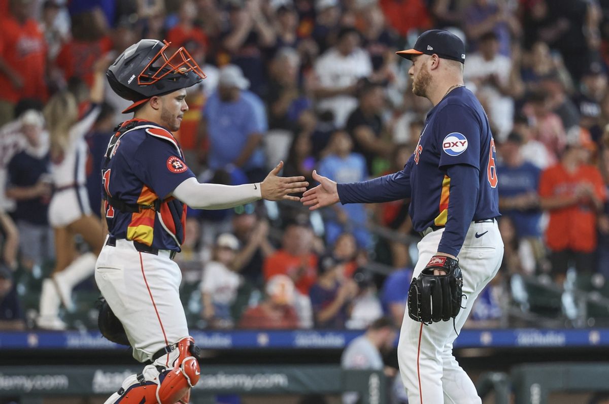 Sep 1, 2024; Houston, Texas, USA; Houston Astros catcher Yainer Diaz (21) and relief pitcher Kaleb Ort (63) celebrate after the game against the Kansas City Royals at Minute Maid Park. Mandatory Credit: Troy Taormina-USA TODAY Sports