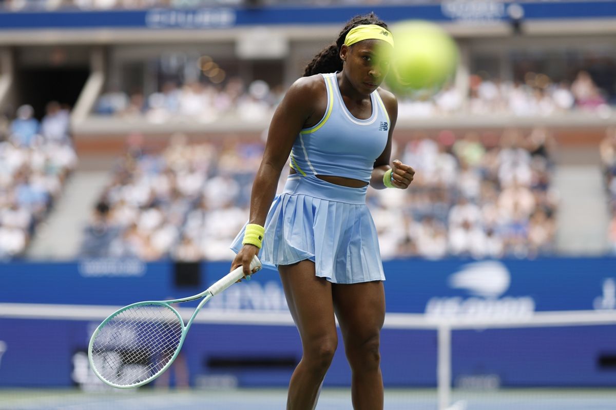 Sep 1, 2024; Flushing, NY, USA; Coco Gauff (USA) reacts after winning a point against Emma Navarro (USA)(not pictured) in a women's singles match on day seven of the 2024 U.S. Open tennis tournament at USTA Billie Jean King National Tennis Center. Mandatory Credit: Geoff Burke-Imagn Images
