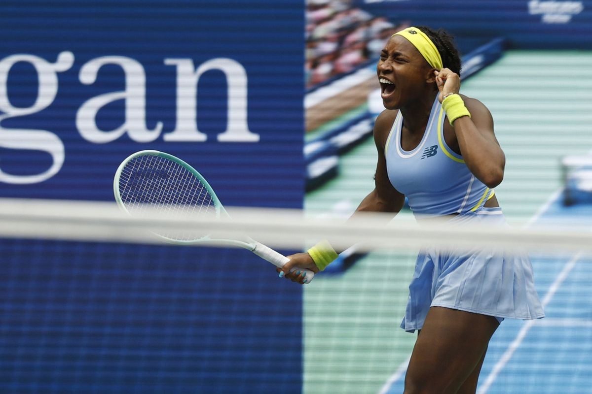Sep 1, 2024; Flushing, NY, USA; Coco Gauff (USA) reacts after winning the second set against Emma Navarro (USA)(not pictured) in a women's singles match on day seven of the 2024 U.S. Open tennis tournament at USTA Billie Jean King National Tennis Center. Mandatory Credit: Geoff Burke-Imagn Images