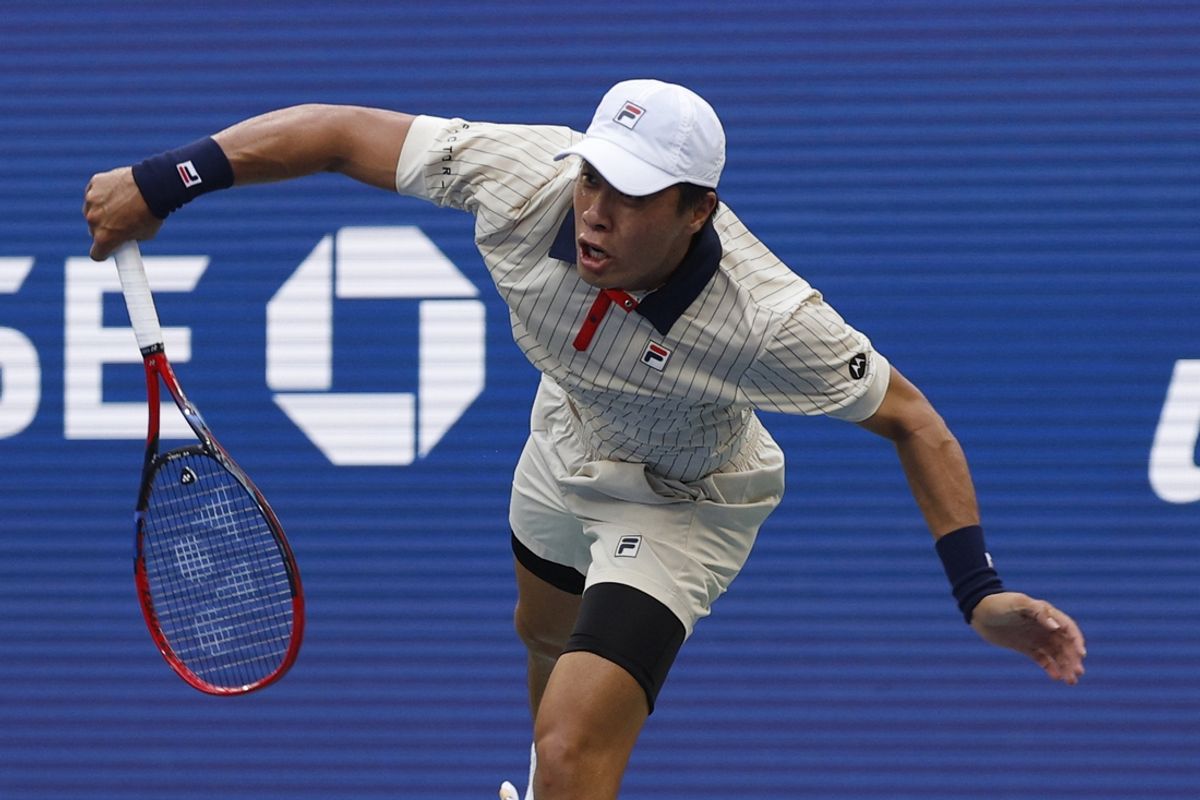 Sep 1, 2024; Flushing, NY, USA; Brandon Nakashima (USA) serves against Alexander Zverev (GER)(not pictured) in a men's singles match on day seven of the 2024 U.S. Open tennis tournament at USTA Billie Jean King National Tennis Center. Mandatory Credit: Geoff Burke-Imagn Images