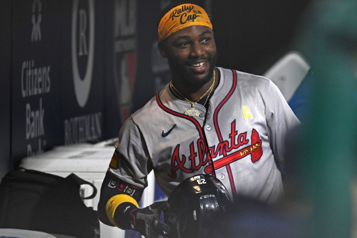 Sep 1, 2024; Philadelphia, Pennsylvania, USA; Atlanta Braves outfielder Michael Harris II (23) in the dugout after hitting a home run during the third inning against the Philadelphia Phillies at Citizens Bank Park. Mandatory Credit: Eric Hartline-Imagn Images