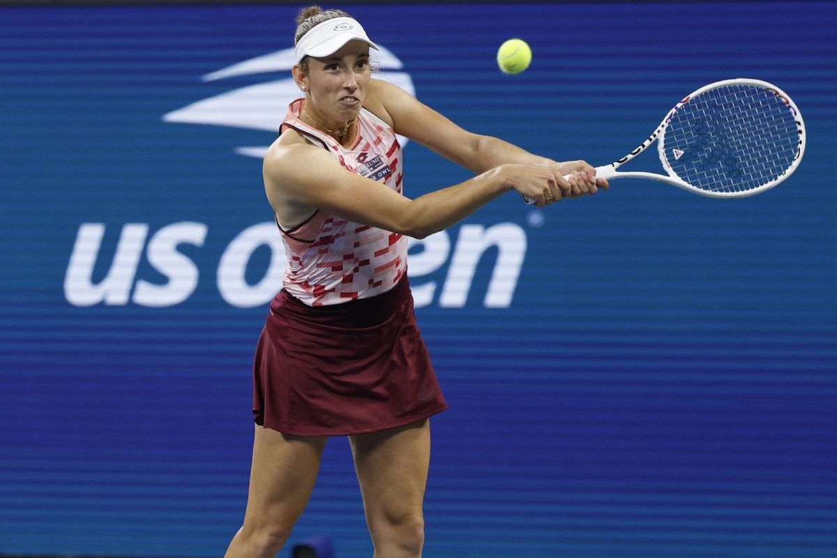 Sep 1, 2024; Flushing, NY, USA; Elise Mertens (BEL) hits a backhand against Aryna Sabalenka (not pictured) in a women's singles match on day seven of the 2024 U.S. Open tennis tournament at USTA Billie Jean King National Tennis Center. Mandatory Credit: Geoff Burke-Imagn Images
