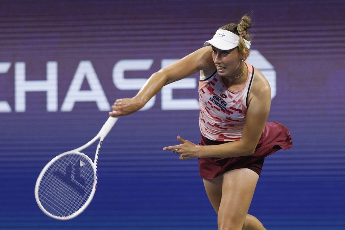Sep 1, 2024; Flushing, NY, USA; Elise Mertens (BEL) serves against Aryna Sabalenka (not pictured) in a women's singles match on day seven of the 2024 U.S. Open tennis tournament at USTA Billie Jean King National Tennis Center. Mandatory Credit: Geoff Burke-Imagn Images