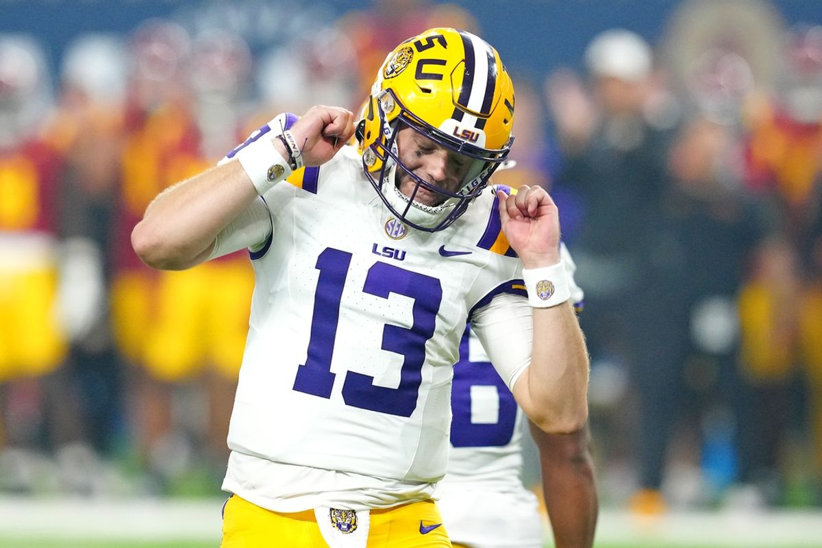 Sep 1, 2024; Paradise, Nevada, USA; LSU Tigers quarterback Garrett Nussmeier (13) reacts after a penalty stops a play against the Southern California Trojans during the fourth quarter at Allegiant Stadium. Mandatory Credit: Stephen R. Sylvanie-Imagn Images