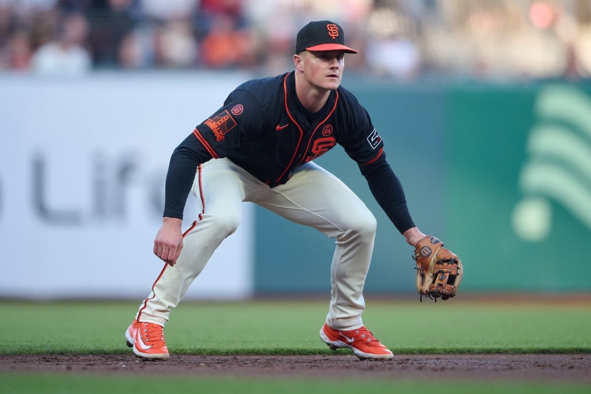Aug 31, 2024; San Francisco, California, USA; San Francisco Giants infielder Matt Chapman (26) plays third base against the Miami Marlins during the second inning at Oracle Park. Mandatory Credit: Robert Edwards-Imagn Images