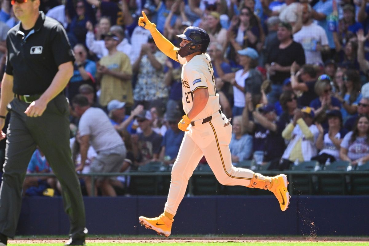 Sep 2, 2024; Milwaukee, Wisconsin, USA;  Milwaukee Brewers shortstop Willy Adames (27) reacts after hitting a 3-run home run in the first inning against the St. Louis Cardinals at American Family Field. Mandatory Credit: Benny Sieu-Imagn Images